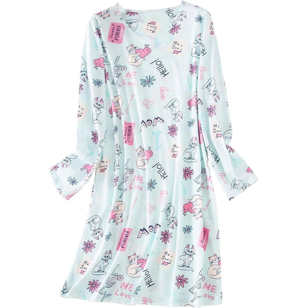 imagePNAEONG Womens Cotton Sleepwear Long Sleeves Nightgown Print Tee Sleep DressLong Hello Cats