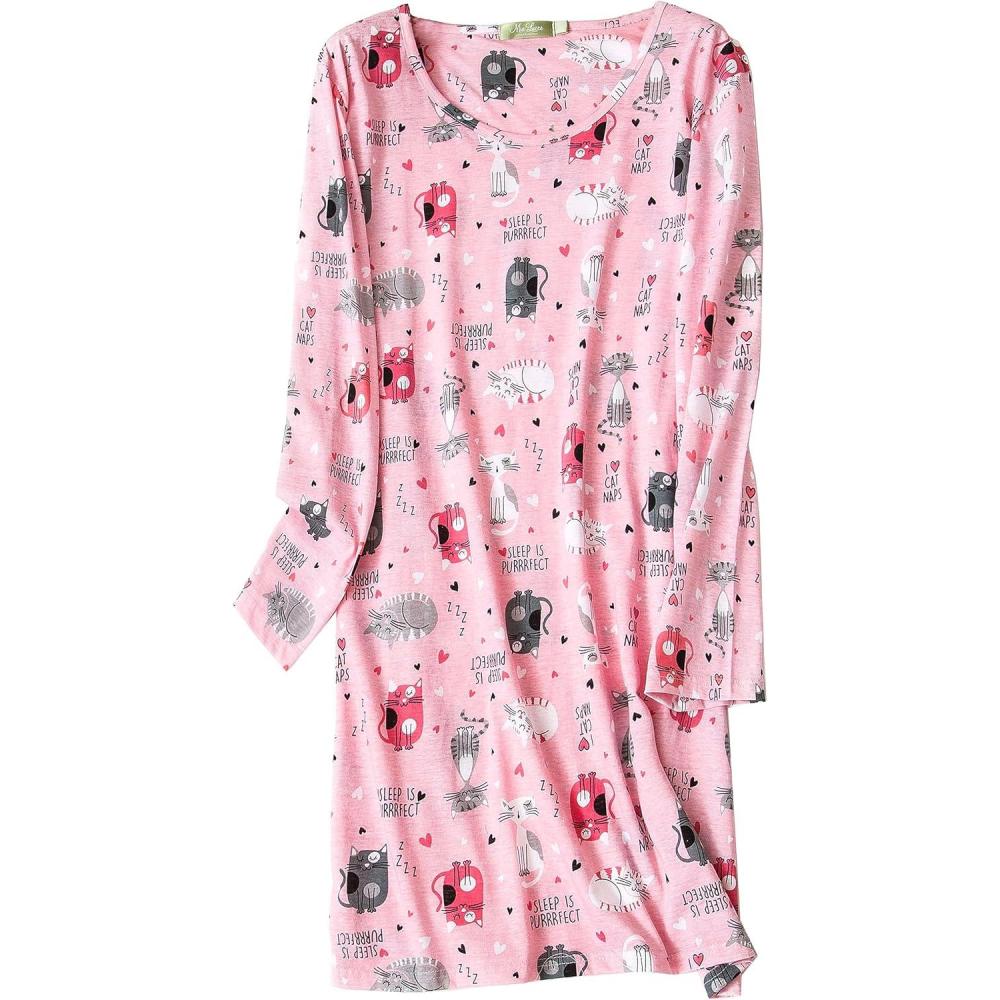 imagePNAEONG Womens Cotton Sleepwear Long Sleeves Nightgown Print Tee Sleep DressLong Pink Cats