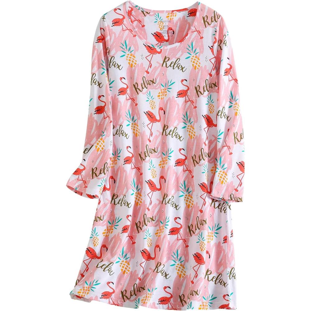 imagePNAEONG Womens Cotton Sleepwear Long Sleeves Nightgown Print Tee Sleep DressLong Pink Flamingo