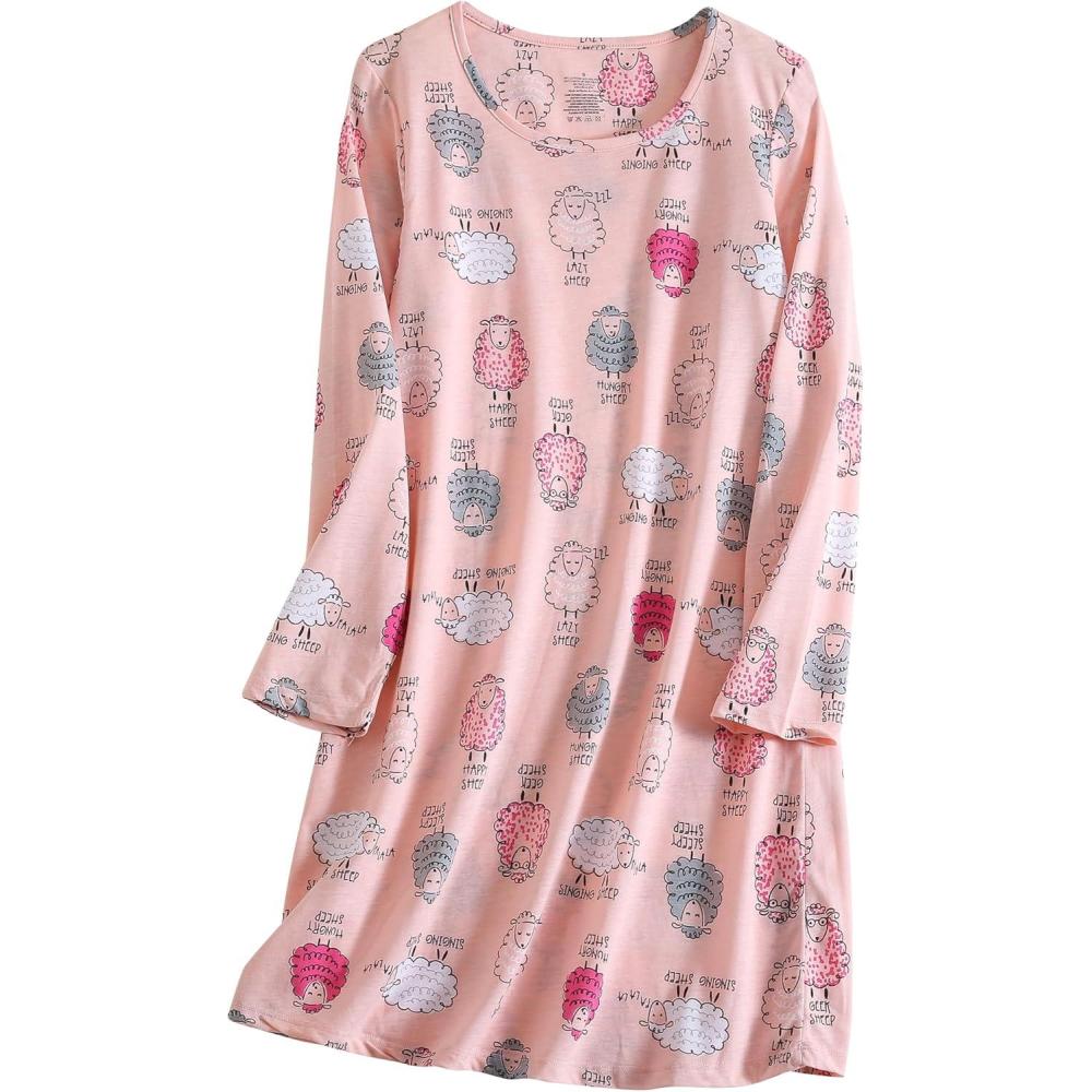 imagePNAEONG Womens Cotton Sleepwear Long Sleeves Nightgown Print Tee Sleep DressLong Pink Sheep