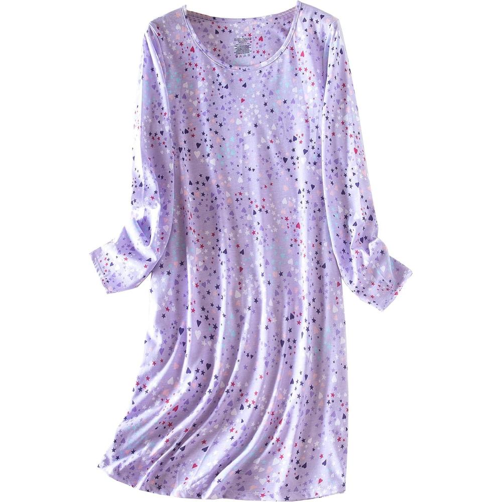 imagePNAEONG Womens Cotton Sleepwear Long Sleeves Nightgown Print Tee Sleep DressLong Purple
