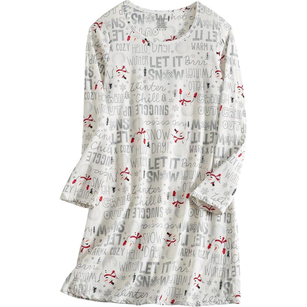 imagePNAEONG Womens Cotton Sleepwear Long Sleeves Nightgown Print Tee Sleep DressLong White Snowman