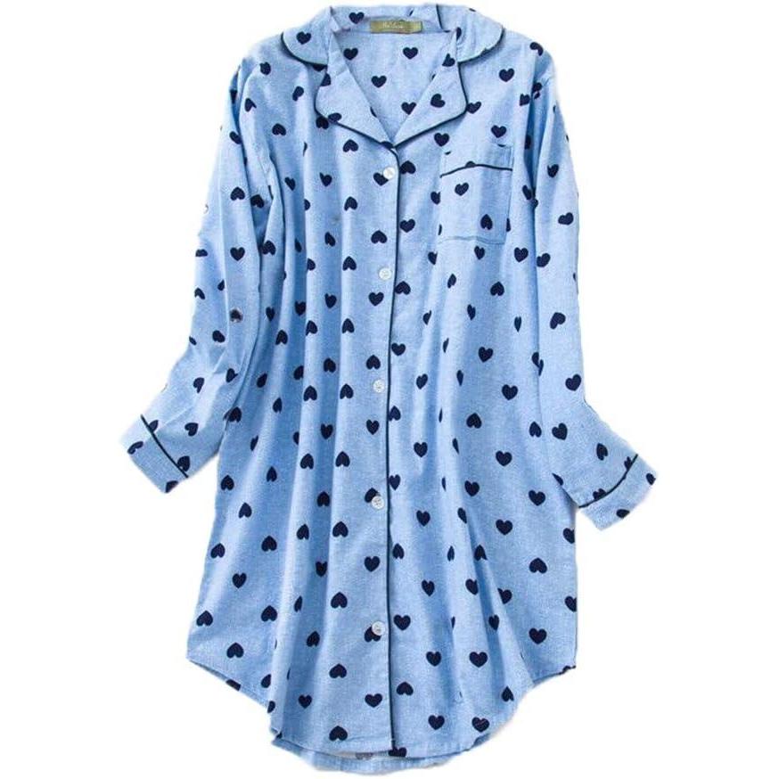 imagePNAEONG Womens Flannel 100 Cotton Nightgown Button Down Boyfriend Nightshirt MidLong Style Sleepshirt Pajama TopsBlue Heart