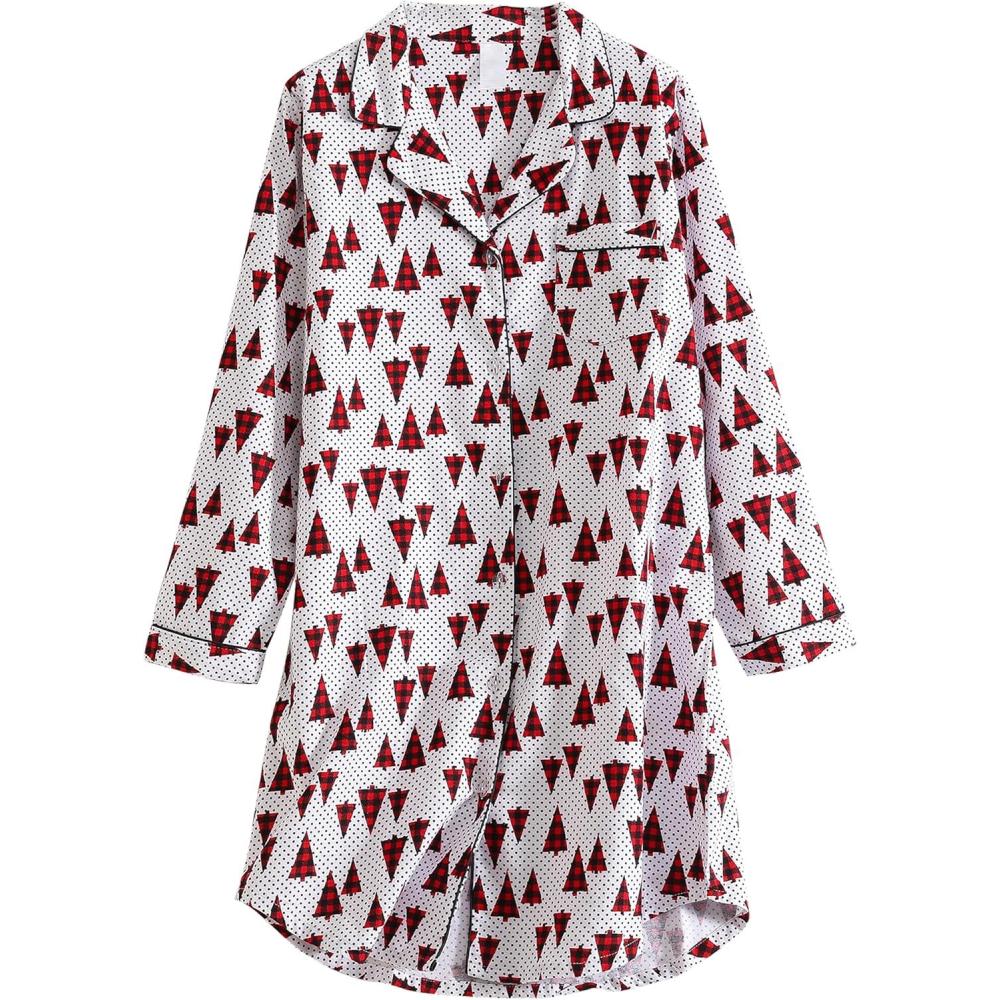 imagePNAEONG Womens Flannel 100 Cotton Nightgown Button Down Boyfriend Nightshirt MidLong Style Sleepshirt Pajama TopsChristmas Print