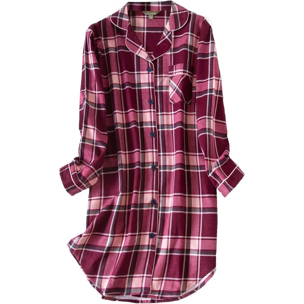 imagePNAEONG Womens Flannel 100 Cotton Nightgown Button Down Boyfriend Nightshirt MidLong Style Sleepshirt Pajama TopsRose Pink