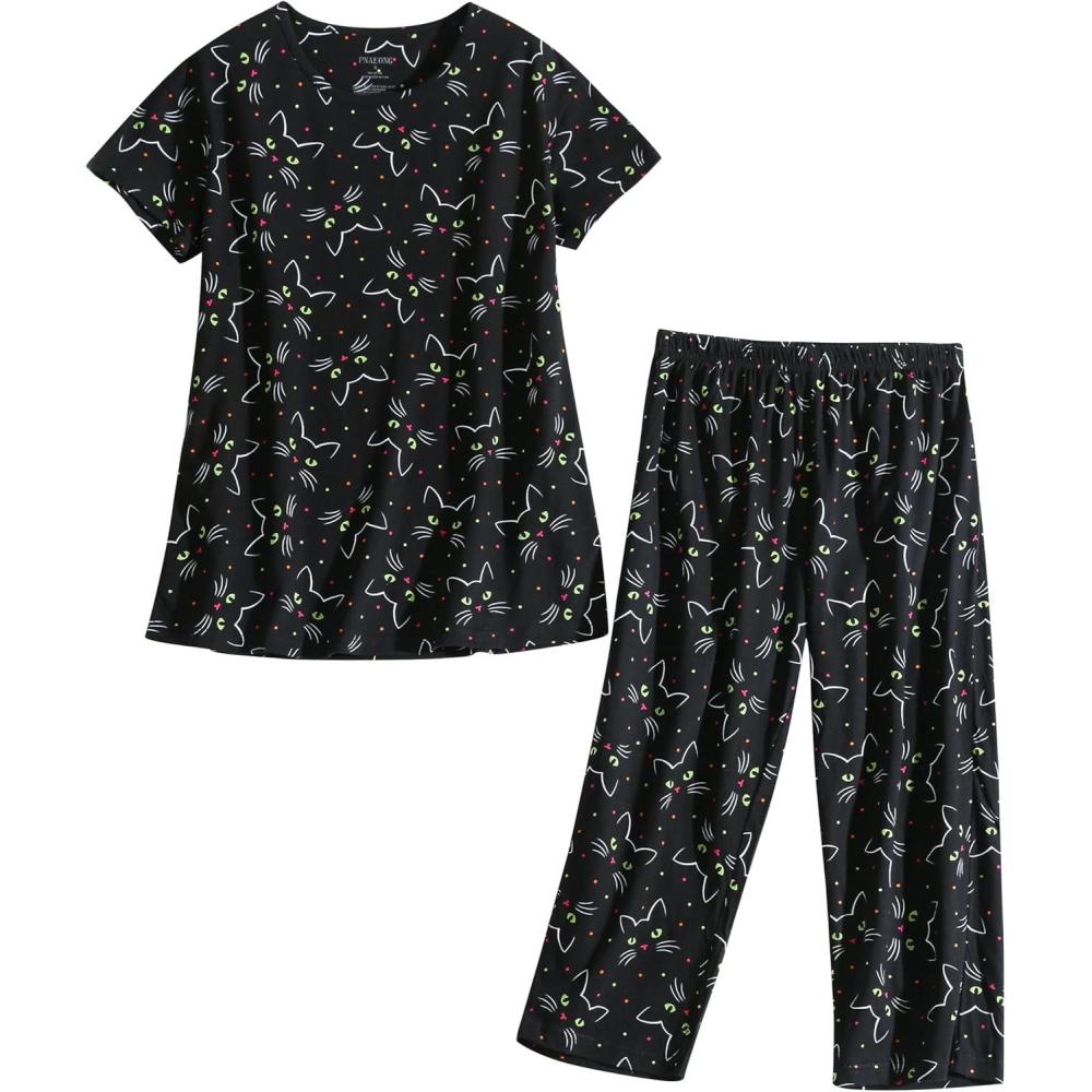 imagePNAEONG Womens Pajama Set Sleepwear Tops with Capri Pants Casual and Fun Prints Pajama Sets SY215PurpleXLBlack Cats