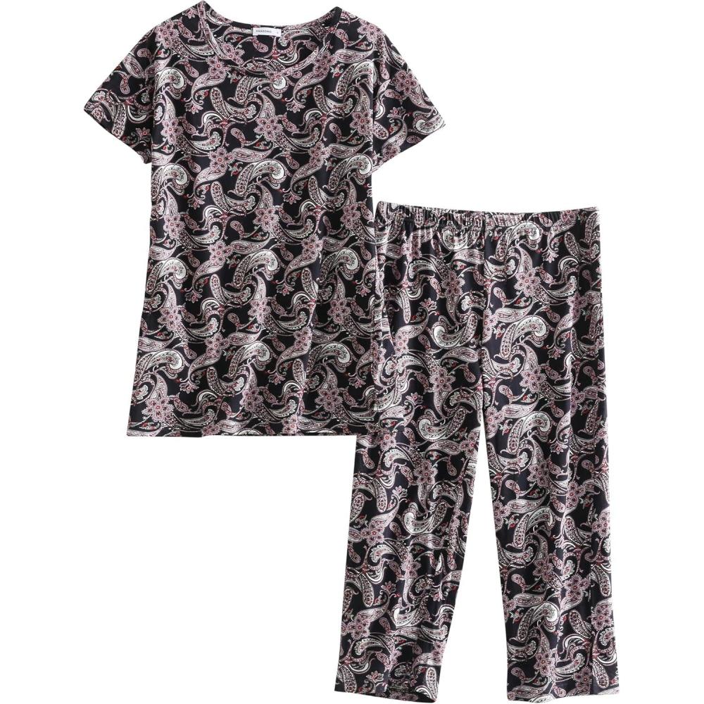 imagePNAEONG Womens Pajama Set Sleepwear Tops with Capri Pants Casual and Fun Prints Pajama Sets SY215PurpleXLBlack Paisley