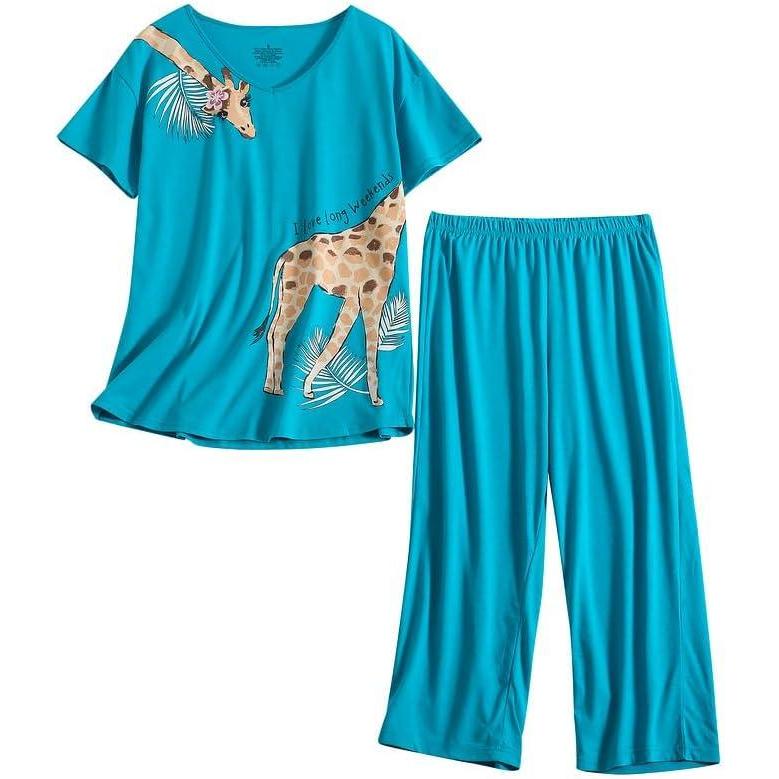 imagePNAEONG Womens Pajama Set Sleepwear Tops with Capri Pants Casual and Fun Prints Pajama Sets SY215PurpleXLBlue Giraffe