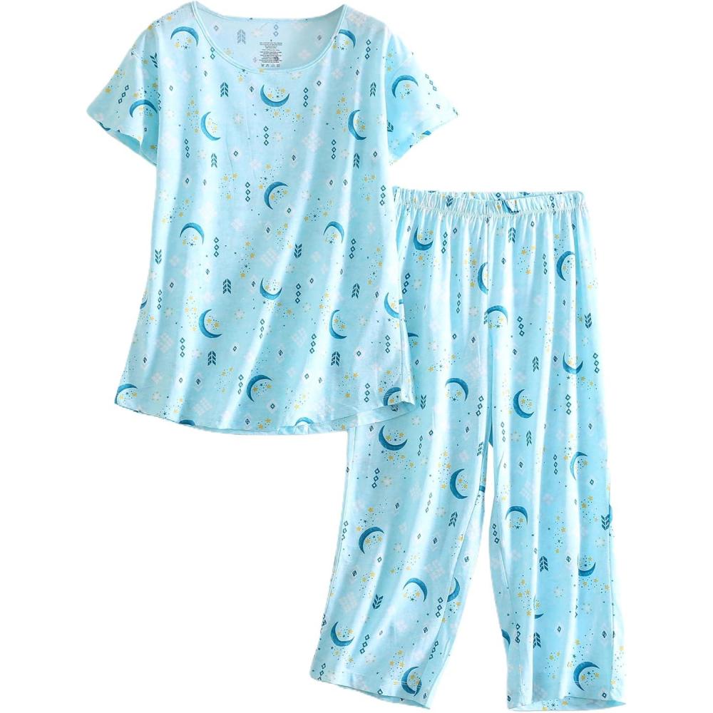 imagePNAEONG Womens Pajama Set Sleepwear Tops with Capri Pants Casual and Fun Prints Pajama Sets SY215PurpleXLBlue Moon