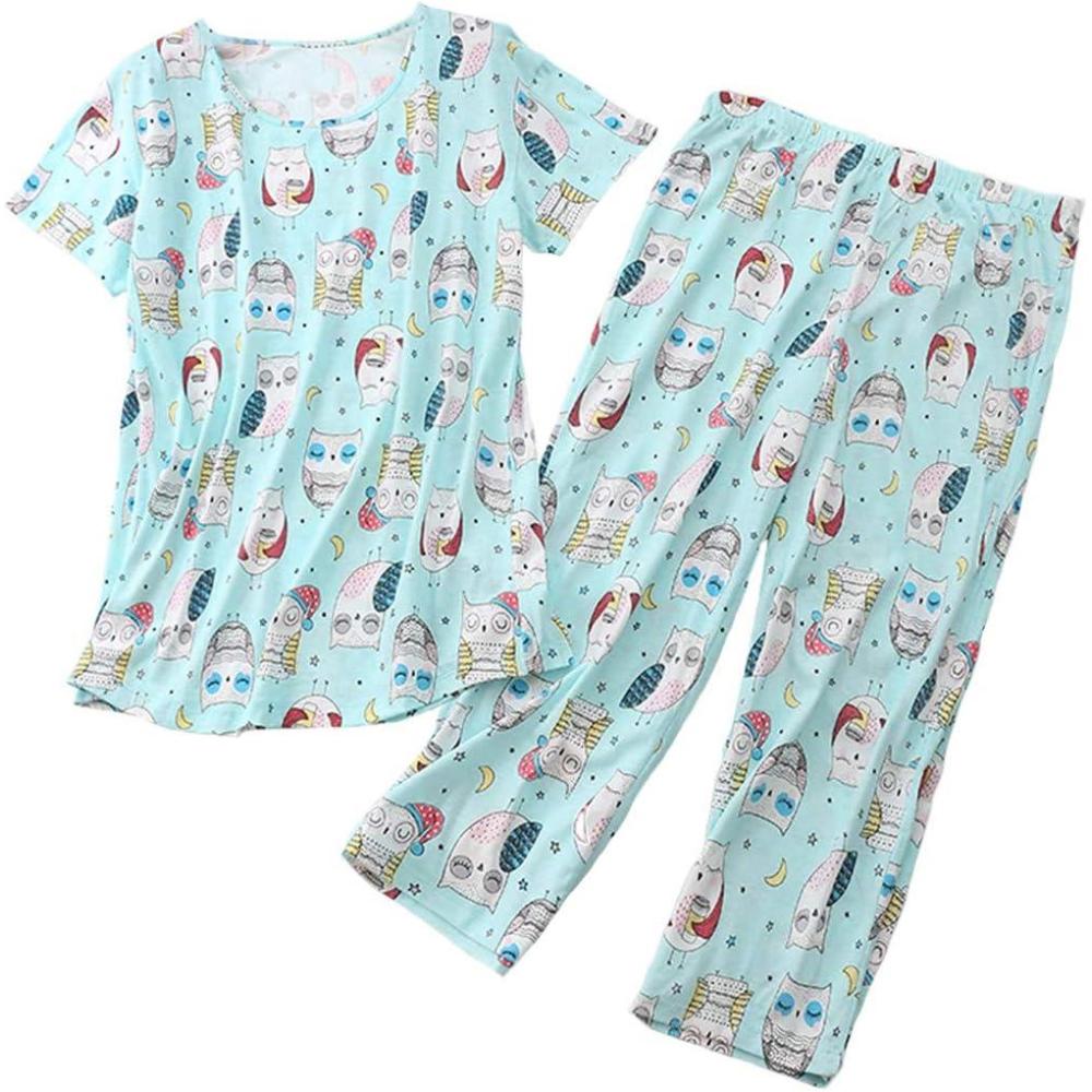imagePNAEONG Womens Pajama Set Sleepwear Tops with Capri Pants Casual and Fun Prints Pajama Sets SY215PurpleXLBlue Owl