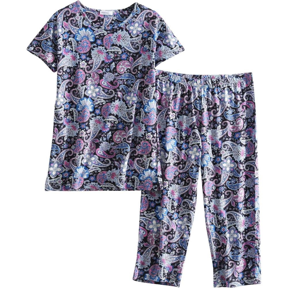 imagePNAEONG Womens Pajama Set Sleepwear Tops with Capri Pants Casual and Fun Prints Pajama Sets SY215PurpleXLBlue Paisley