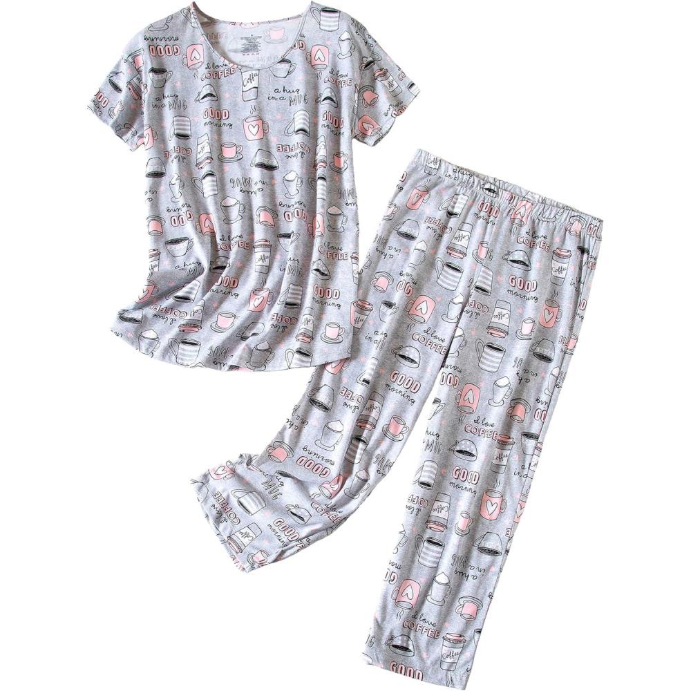 imagePNAEONG Womens Pajama Set Sleepwear Tops with Capri Pants Casual and Fun Prints Pajama Sets SY215PurpleXLCoffee