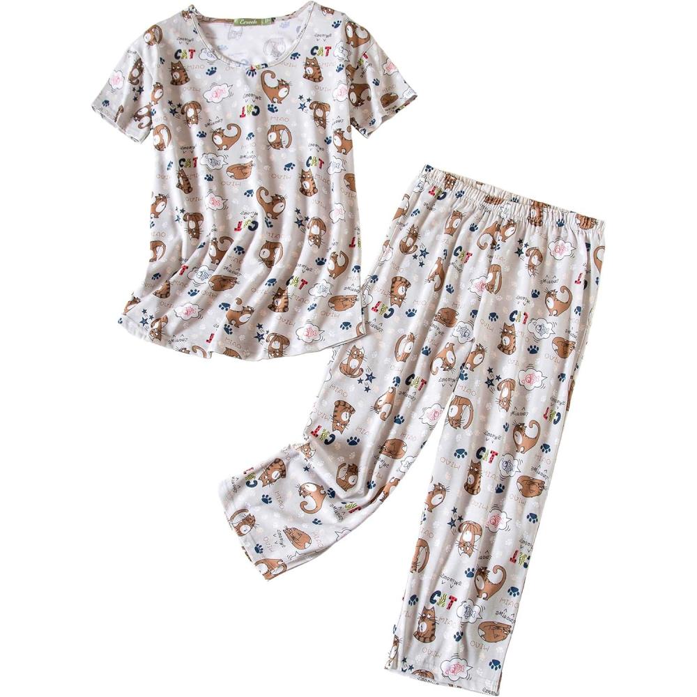 imagePNAEONG Womens Pajama Set Sleepwear Tops with Capri Pants Casual and Fun Prints Pajama Sets SY215PurpleXLCoffee Cats
