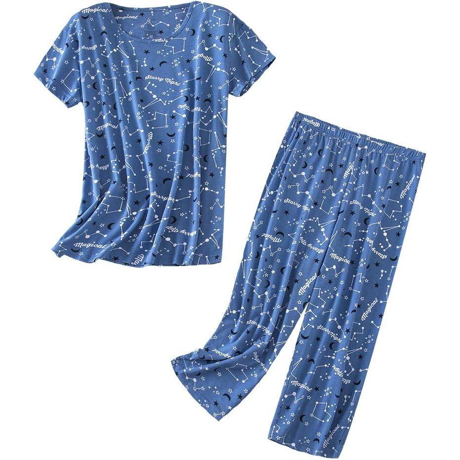 imagePNAEONG Womens Pajama Set Sleepwear Tops with Capri Pants Casual and Fun Prints Pajama Sets SY215PurpleXLConstellation