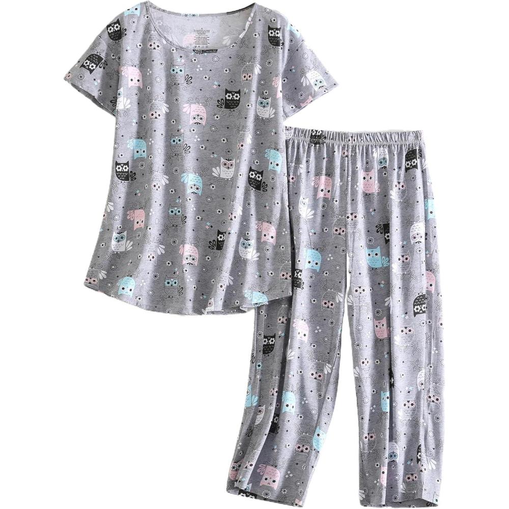 imagePNAEONG Womens Pajama Set Sleepwear Tops with Capri Pants Casual and Fun Prints Pajama Sets SY215PurpleXLGray Owl