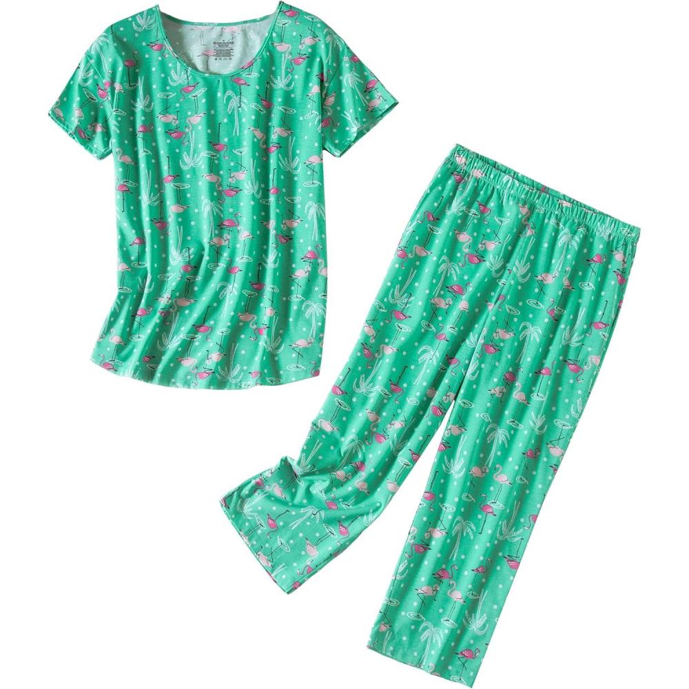 imagePNAEONG Womens Pajama Set Sleepwear Tops with Capri Pants Casual and Fun Prints Pajama Sets SY215PurpleXLGreen Flamingo