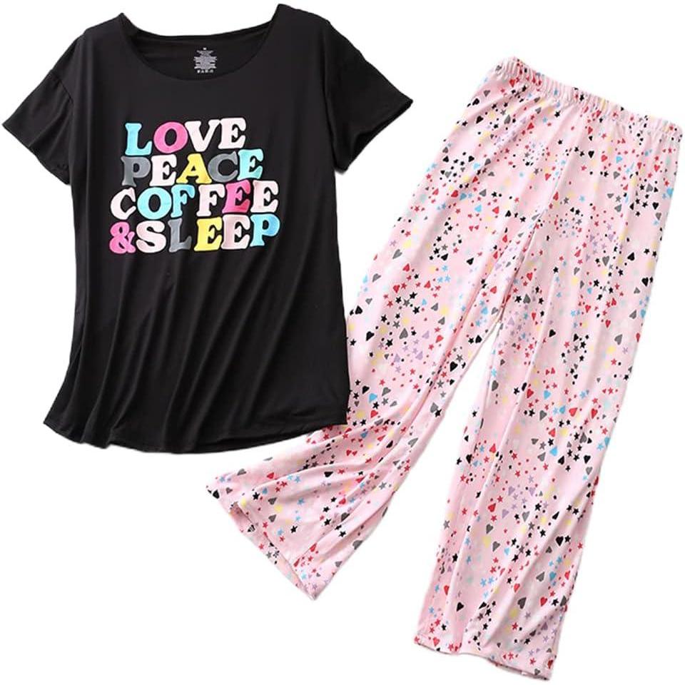 imagePNAEONG Womens Pajama Set Sleepwear Tops with Capri Pants Casual and Fun Prints Pajama Sets SY215PurpleXLLove Peace
