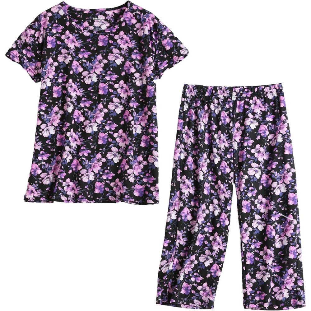 imagePNAEONG Womens Pajama Set Sleepwear Tops with Capri Pants Casual and Fun Prints Pajama Sets SY215PurpleXLMidnight Purple Flower
