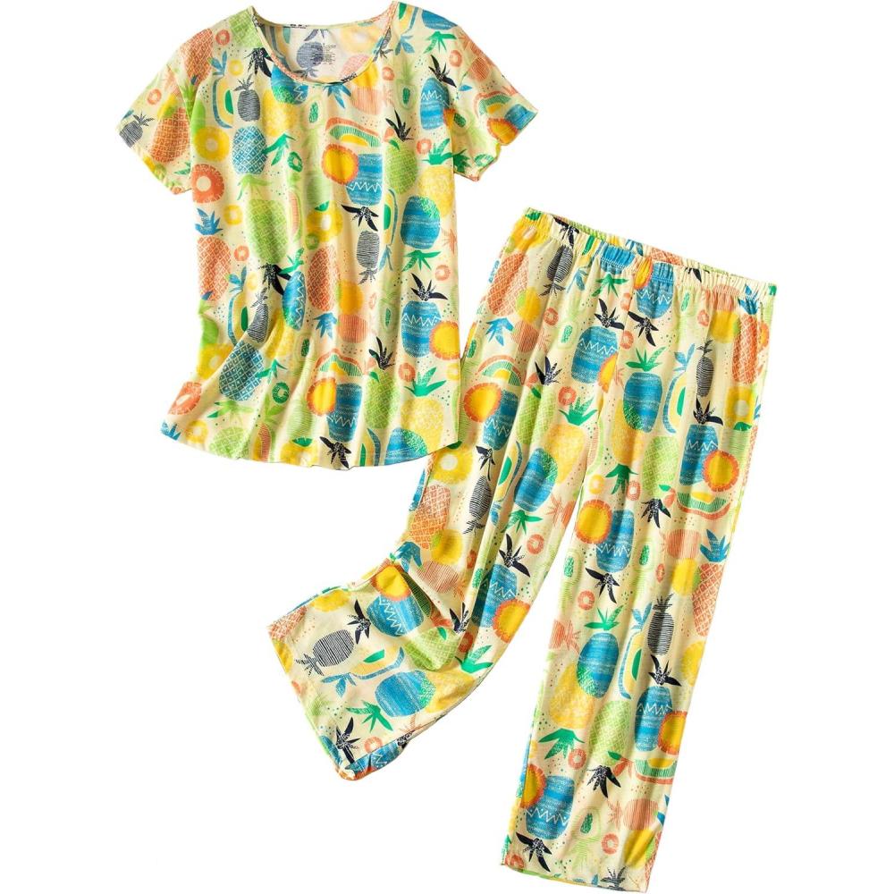 imagePNAEONG Womens Pajama Set Sleepwear Tops with Capri Pants Casual and Fun Prints Pajama Sets SY215PurpleXLPineapple