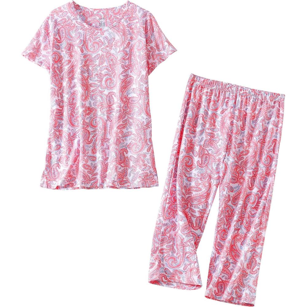 imagePNAEONG Womens Pajama Set Sleepwear Tops with Capri Pants Casual and Fun Prints Pajama Sets SY215PurpleXLPink Paisley
