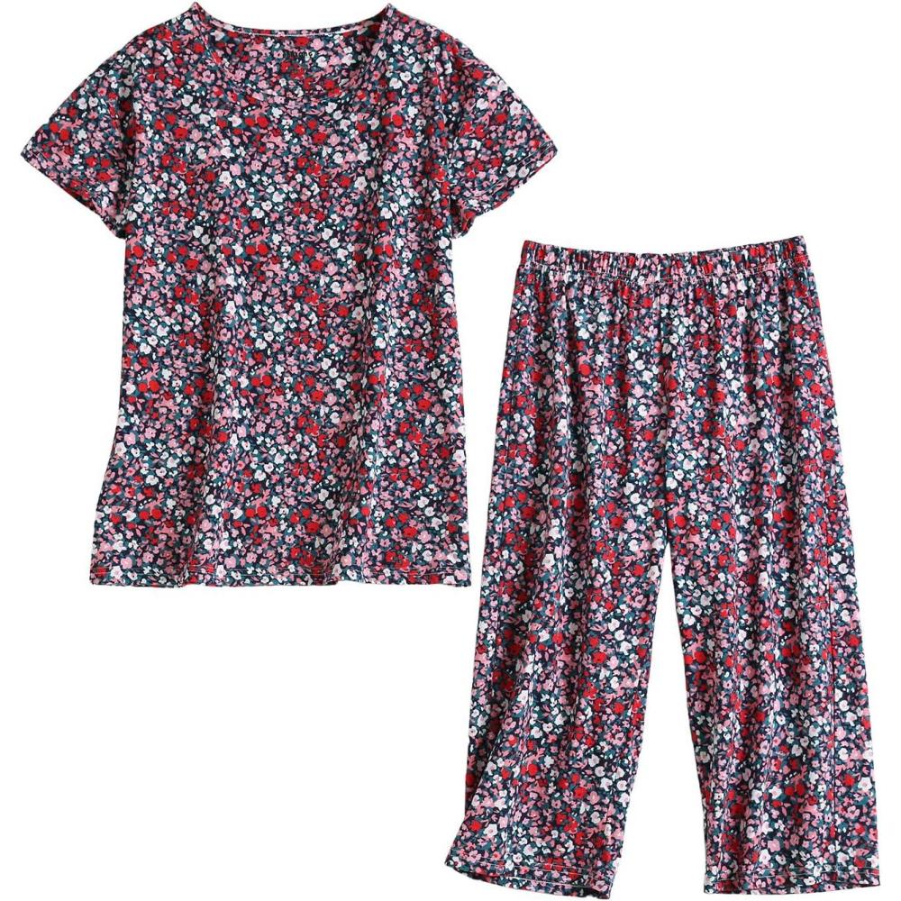 imagePNAEONG Womens Pajama Set Sleepwear Tops with Capri Pants Casual and Fun Prints Pajama Sets SY215PurpleXLRed Little Flower