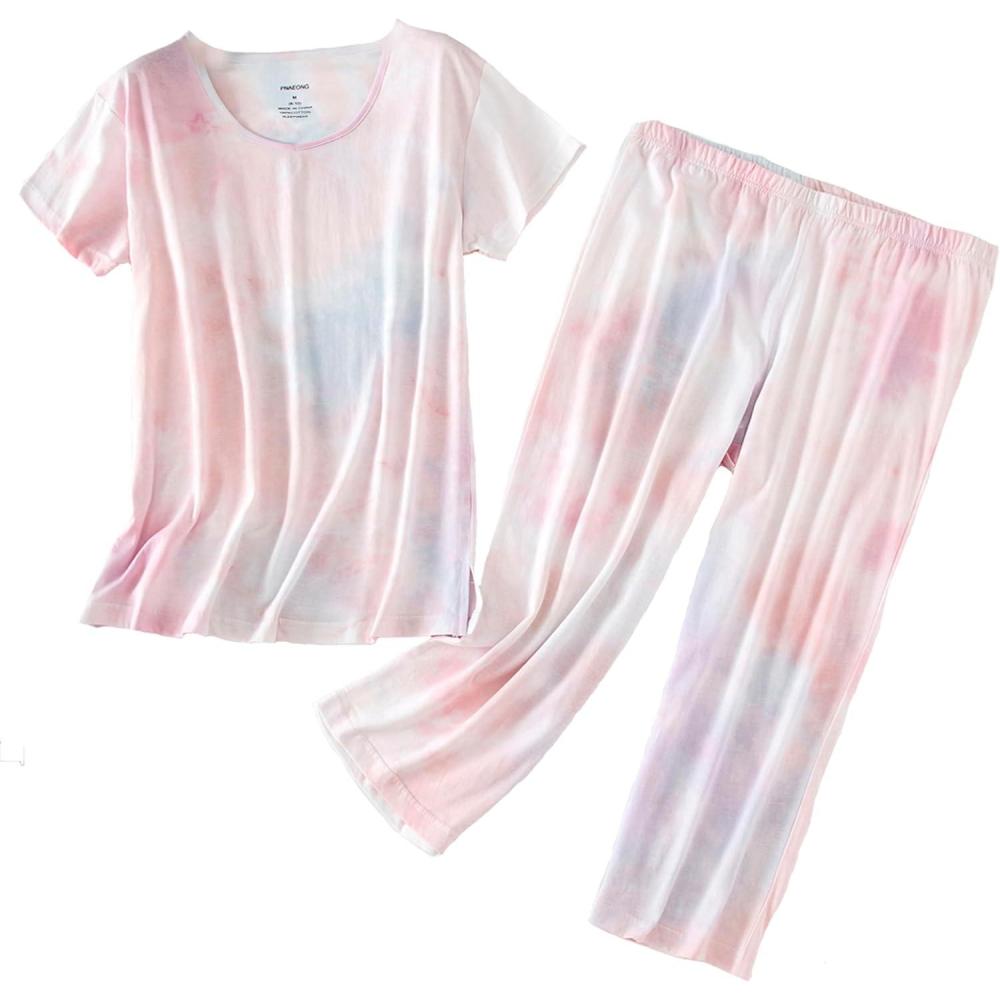 imagePNAEONG Womens Pajama Set Sleepwear Tops with Capri Pants Casual and Fun Prints Pajama Sets SY215PurpleXLTpink