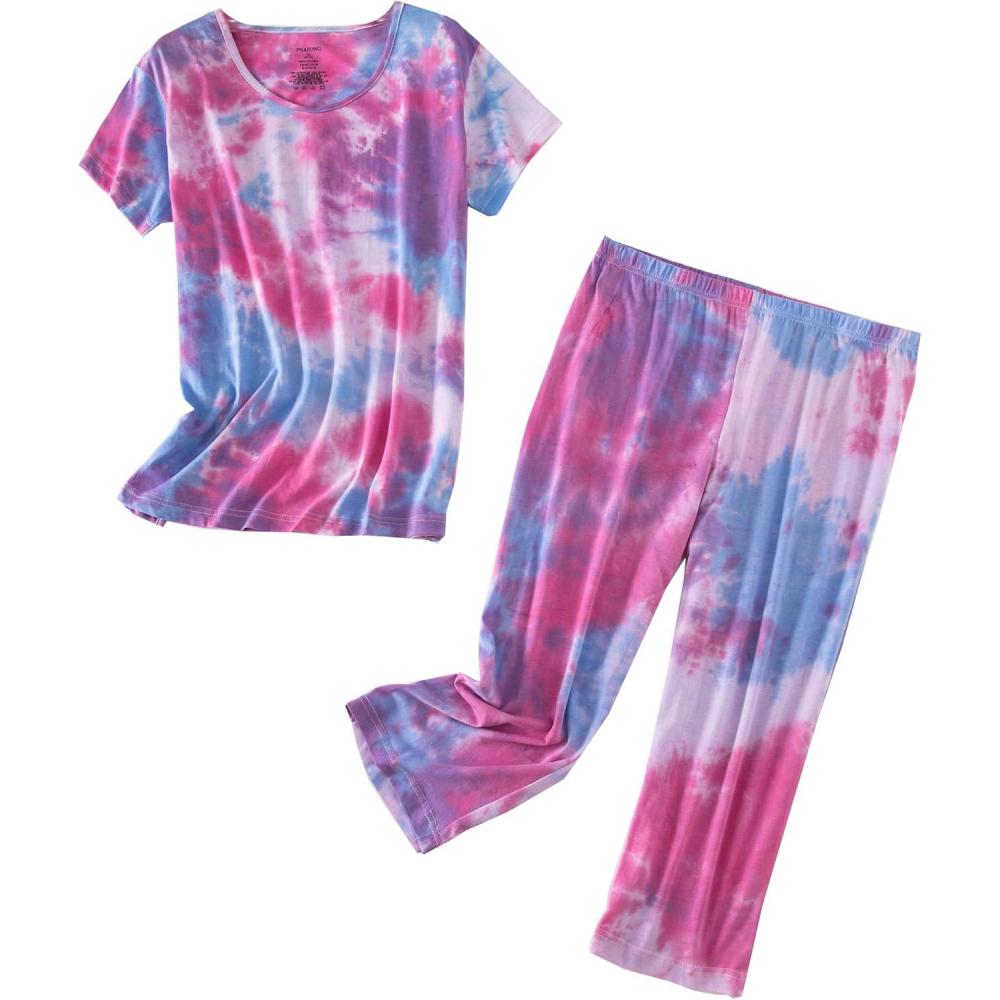 imagePNAEONG Womens Pajama Set Sleepwear Tops with Capri Pants Casual and Fun Prints Pajama Sets SY215PurpleXLTpurple