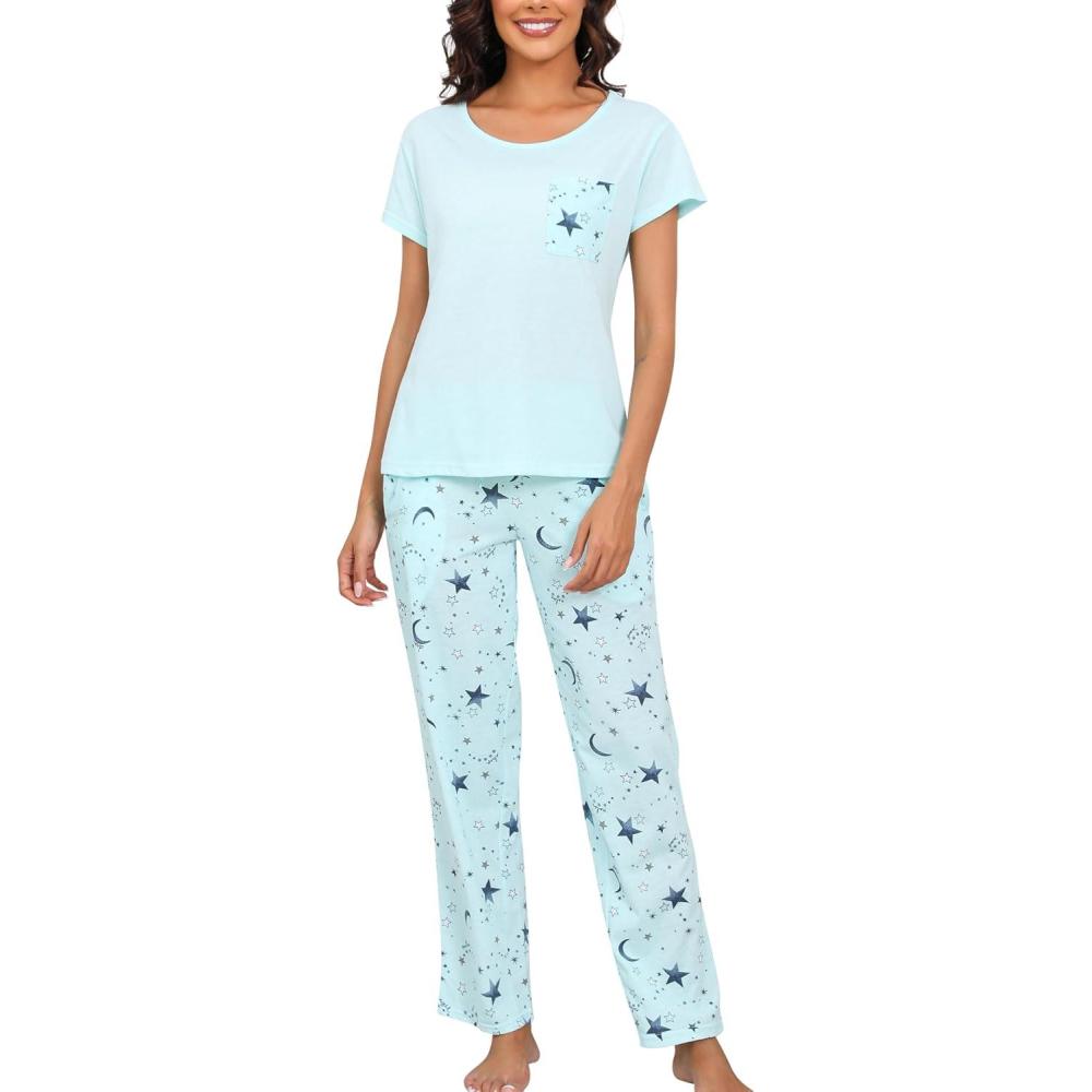 imagePNAEONG Womens Pajama Sets Cotton Lounge Sets for Women Short Sleeve Top With Pants 2 Piece pj sets With PocketC Blue Star