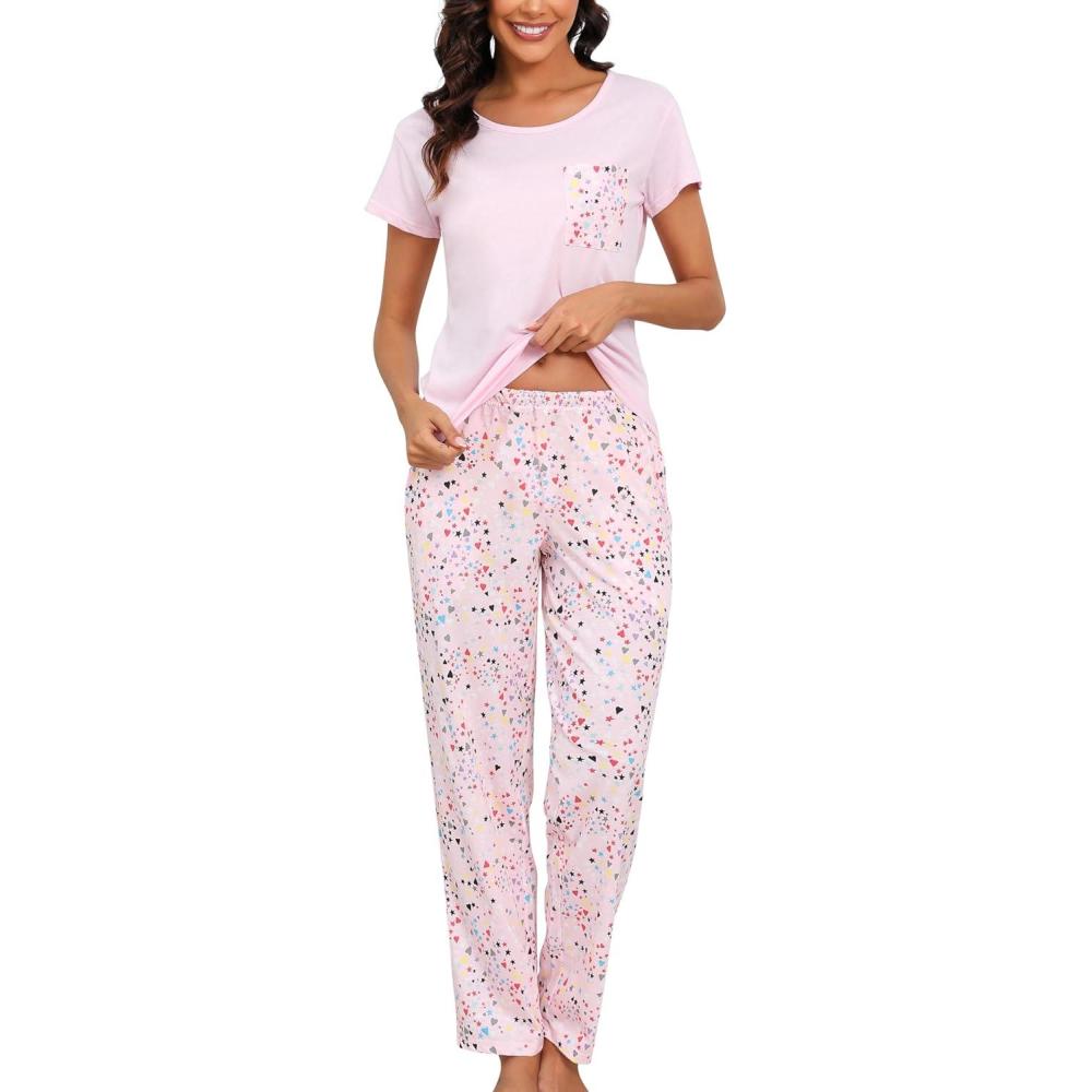 imagePNAEONG Womens Pajama Sets Cotton Lounge Sets for Women Short Sleeve Top With Pants 2 Piece pj sets With PocketC Pink