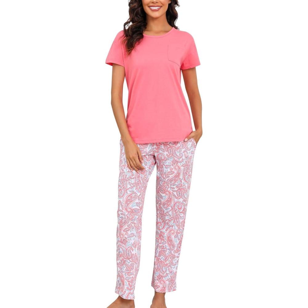 imagePNAEONG Womens Pajama Sets Cotton Lounge Sets for Women Short Sleeve Top With Pants 2 Piece pj sets With PocketC Pink Paisley