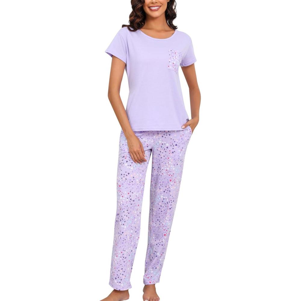 imagePNAEONG Womens Pajama Sets Cotton Lounge Sets for Women Short Sleeve Top With Pants 2 Piece pj sets With PocketC Purple