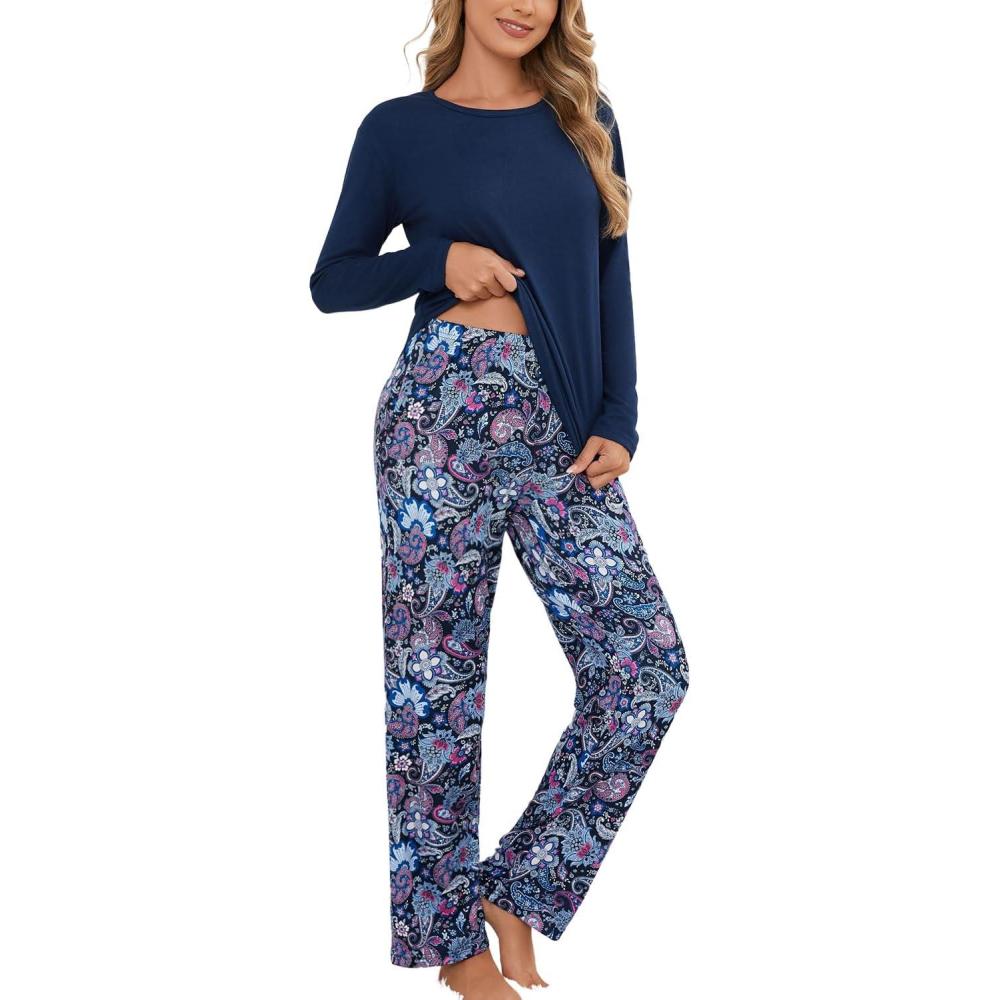 imagePNAEONG Womens Pajama Sets Long Sleeve Top With Pants Lounge Sets Soft Sleepwear Comfy Pjs With PocketsBlue Paisley