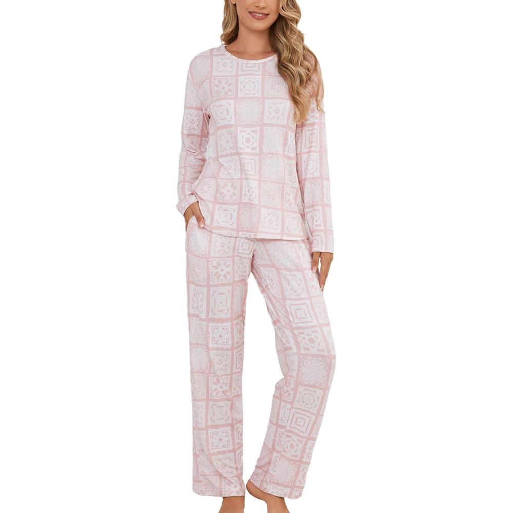 imagePNAEONG Womens Pajama Sets Long Sleeve Top With Pants Lounge Sets Soft Sleepwear Comfy Pjs With PocketsPink