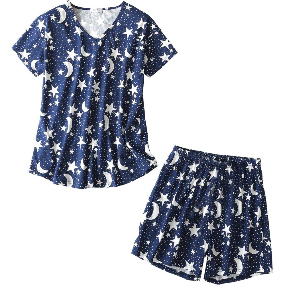 imagePNAEONG Womens Pajamas Set Cotton Short Sleeve Sleepwear Top Capri Pjs Sets SXXLS Deep Night