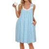 AVIIER Cotton Nightgowns for Women Sleeveless Night Gown with Pockets(Sky Blue Flower)