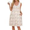 AVIIER Cotton Nightgowns for Women Sleeveless Night Gown with Pockets(White Flower)