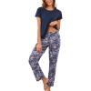 PNAEONG Womens Pajama Sets Cotton Lounge Sets for Women Short Sleeve Top With Pants 2 Piece pj sets With Pocket(C Blue Paisley)