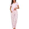PNAEONG Womens Pajama Sets Cotton Lounge Sets for Women Short Sleeve Top With Pants 2 Piece pj sets With Pocket(C Pink)