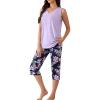 PNAEONG Women’s Pajamas Set, Cotton Sleeveless Sleepwear V Neck Top Capri Pants with Pockets Soft Loungewear S-XXL(C Black Flower)