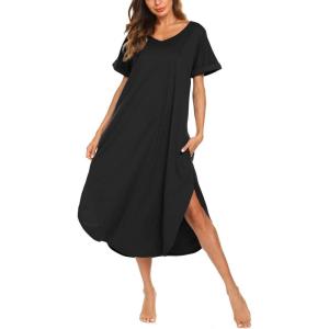 AVIIER Cotton Nightgowns for Women Sleeveless House Dress Ladies Long Nightdress with Pockets S-XXL(Black)