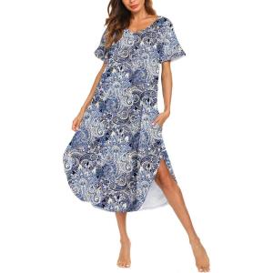 AVIIER Cotton Nightgowns for Women Sleeveless House Dress Ladies Long Nightdress with Pockets S-XXL(Blue Cashew)