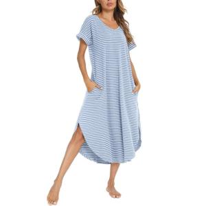 AVIIER Cotton Nightgowns for Women Sleeveless House Dress Ladies Long Nightdress with Pockets S-XXL(Blue While)