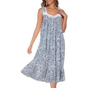 AVIIER Cotton Nightgowns for Women Sleeveless House Dress Ladies Long Nightdress with Pockets S-XXL(Blue White Flower)