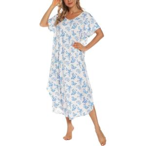 AVIIER Cotton Nightgowns for Women Sleeveless House Dress Ladies Long Nightdress with Pockets S-XXL(Blue and White)