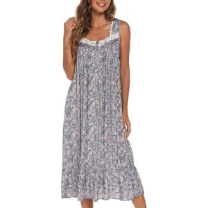 AVIIER Cotton Nightgowns for Women Sleeveless House Dress Ladies Long Nightdress with Pockets S-XXL(Cashew Flowers)