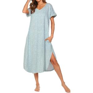 AVIIER Cotton Nightgowns for Women Sleeveless House Dress Ladies Long Nightdress with Pockets S-XXL(Green Leopard)