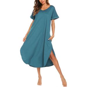 AVIIER Cotton Nightgowns for Women Sleeveless House Dress Ladies Long Nightdress with Pockets S-XXL(Lake Blue)