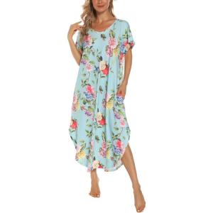 AVIIER Cotton Nightgowns for Women Sleeveless House Dress Ladies Long Nightdress with Pockets S-XXL(Lake Flower)