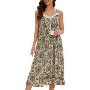 AVIIER Cotton Nightgowns for Women Sleeveless House Dress Ladies Long Nightdress with Pockets S-XXL(Leaf)