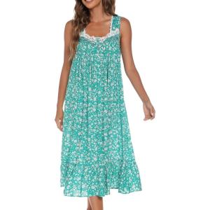 AVIIER Cotton Nightgowns for Women Sleeveless House Dress Ladies Long Nightdress with Pockets S-XXL(Mini Green)